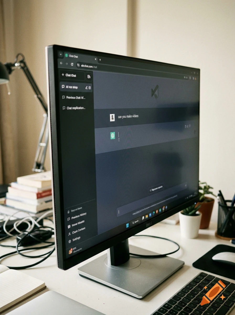 A computer monitor displaying an AI chat interface on a desk with a keyboard, mouse, books, and lamp in a brightly lit room.