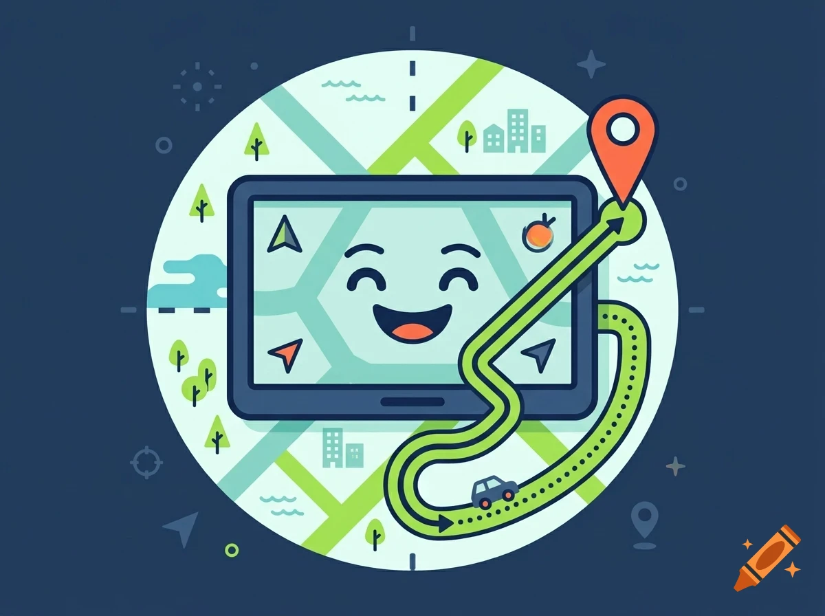 A friendly navigation app screen on a tablet displaying a map with a smiling face, a route, a car, and a location pin.