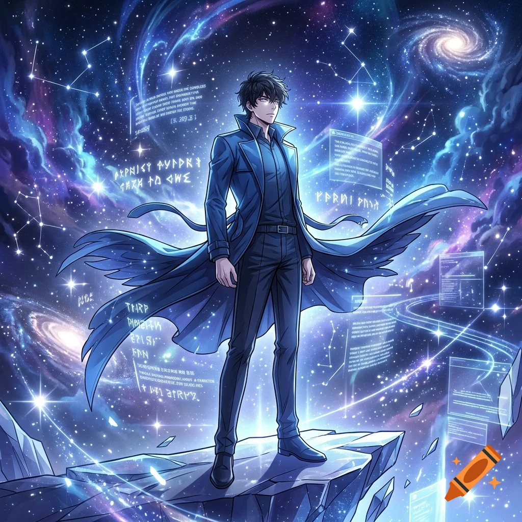 An anime-style young man in a blue coat stands on a cliff overlooking a cosmic space background with galaxies, stars, and floating holographic panels.
