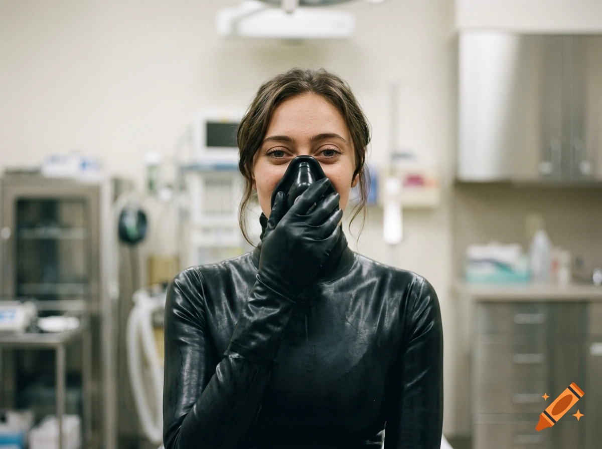 Photorealistic portrait of a woman wearing a black latex suit, gloves, and a black anesthesia mask in a hospital setting.