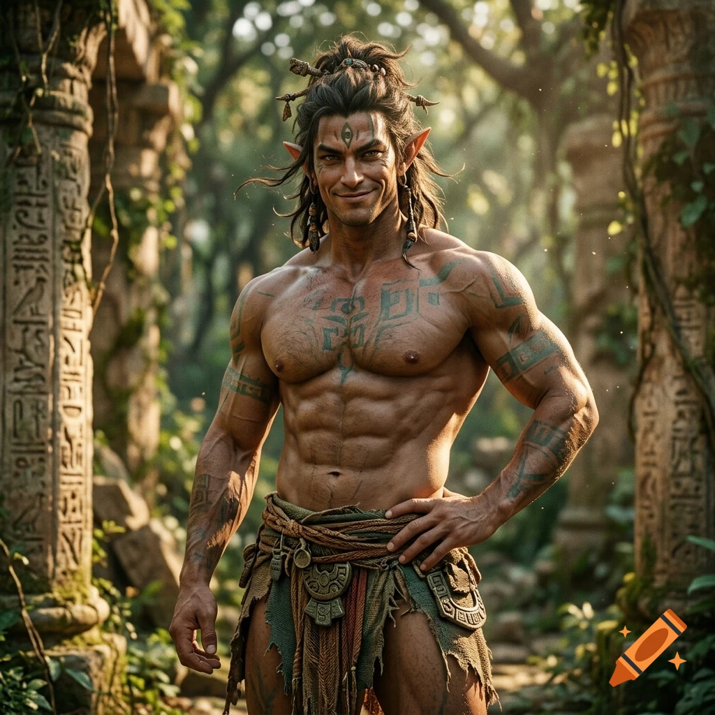 A muscular elf-like warrior with pointed ears and facial markings stands smiling in an ancient, overgrown jungle ruin with carved stone pillars.