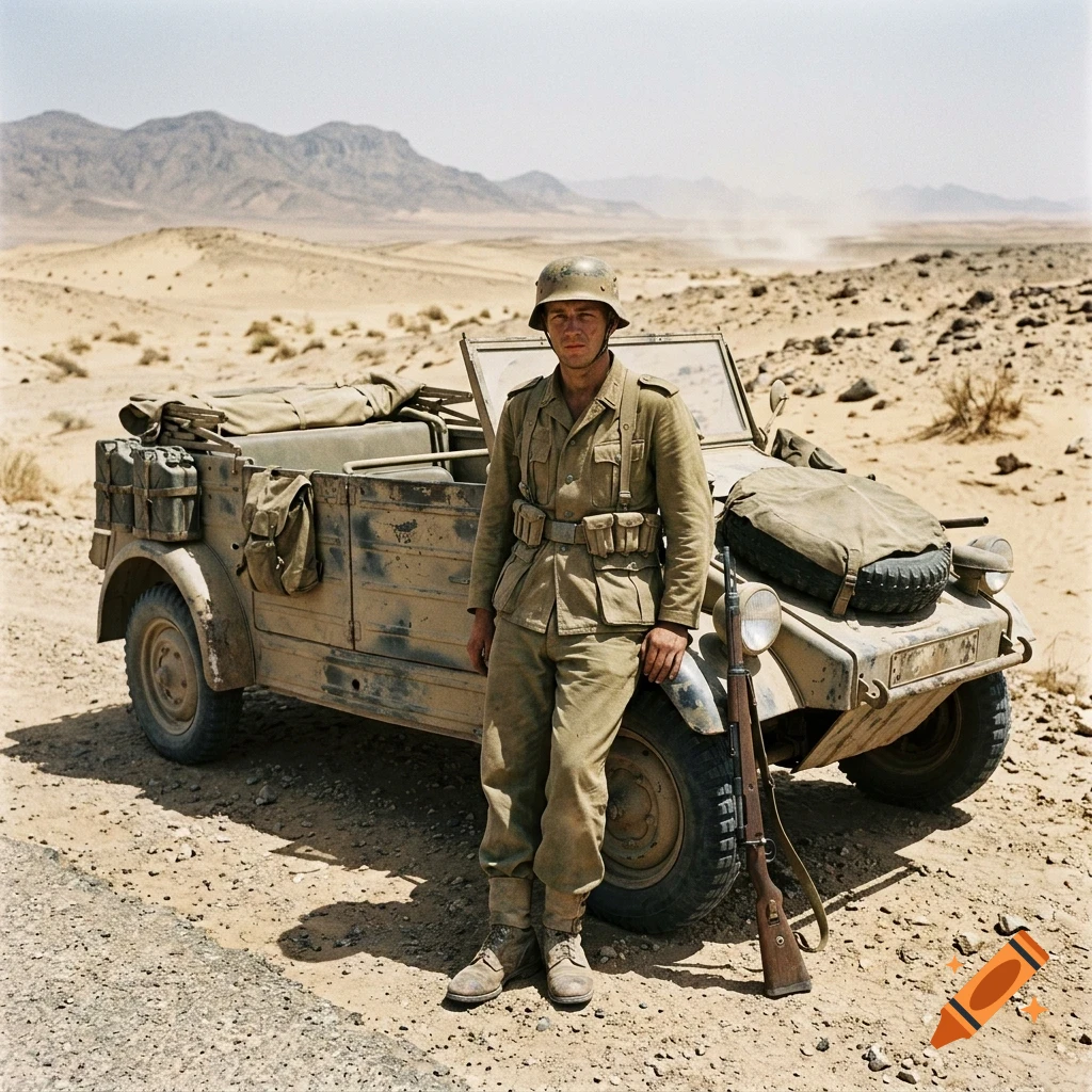 A soldier in uniform and helmet stands leaning against a military vehicle parked in a desert landscape with mountains in the background.