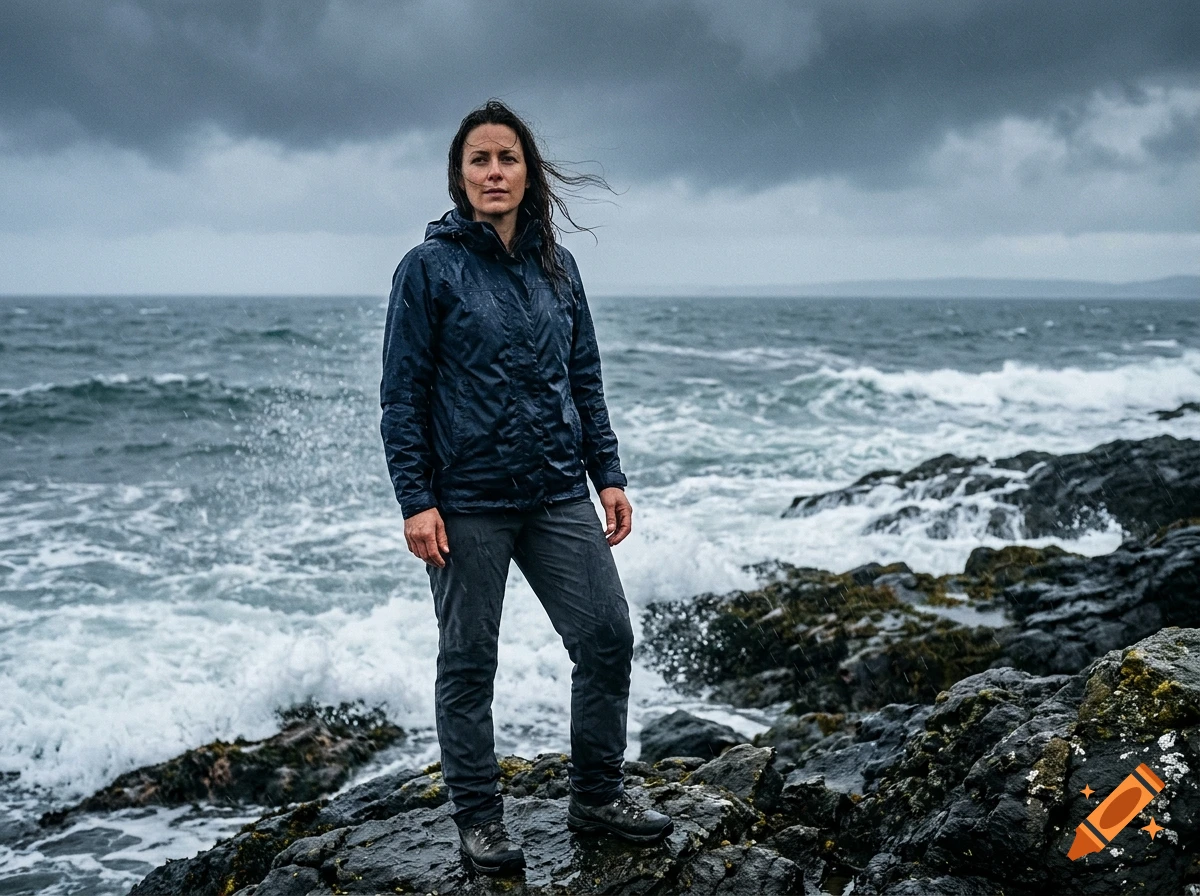A woman in a dark waterproof jacket standing on coastal rocks during a stormy day with rough seas and grey skies.