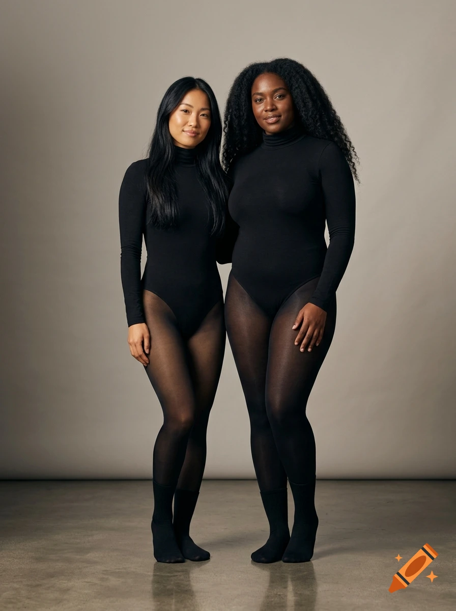 Photorealistic full-figure portrait of two diverse women with long hair wearing matching black turtlenecks and tights.