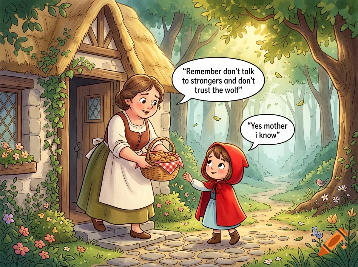 Children's book illustration of a mother handing a basket of cookies to Little Red Riding Hood outside a cottage in the woods.