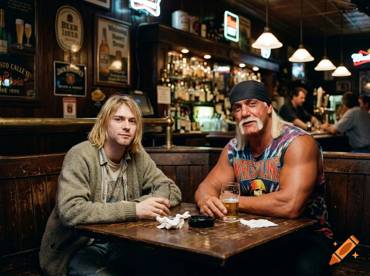 Photorealistic image of Kurt Cobain and Hulk Hogan sitting together at a wooden booth inside a dimly lit pub.
