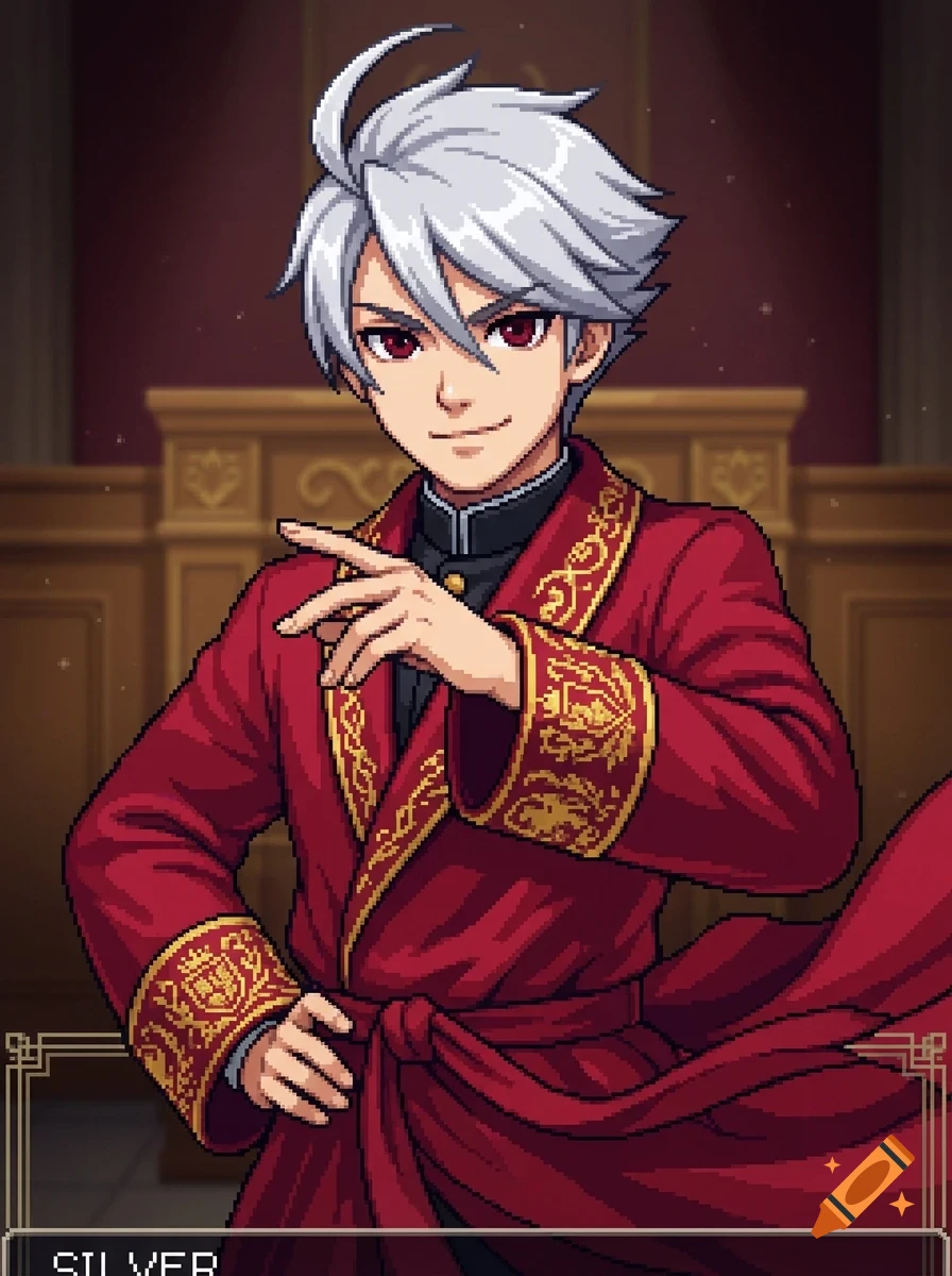 Pixel art portrait of a young male anime character with white hair and red eyes, wearing a red robe with gold embroidery, pointing forward.