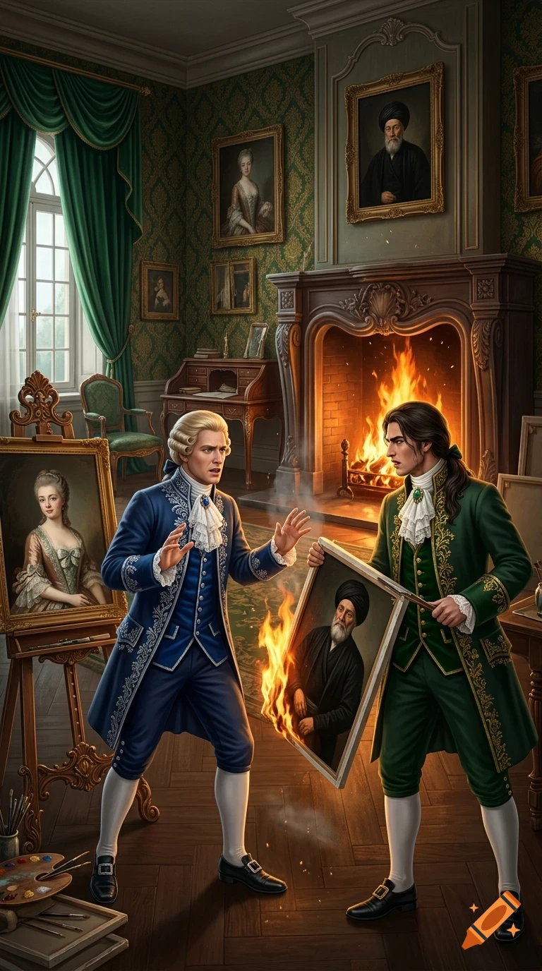 Two 18th-century gentlemen in period attire in a lavishly decorated room, where one man holds up a burning framed portrait while the other reacts in alarm.