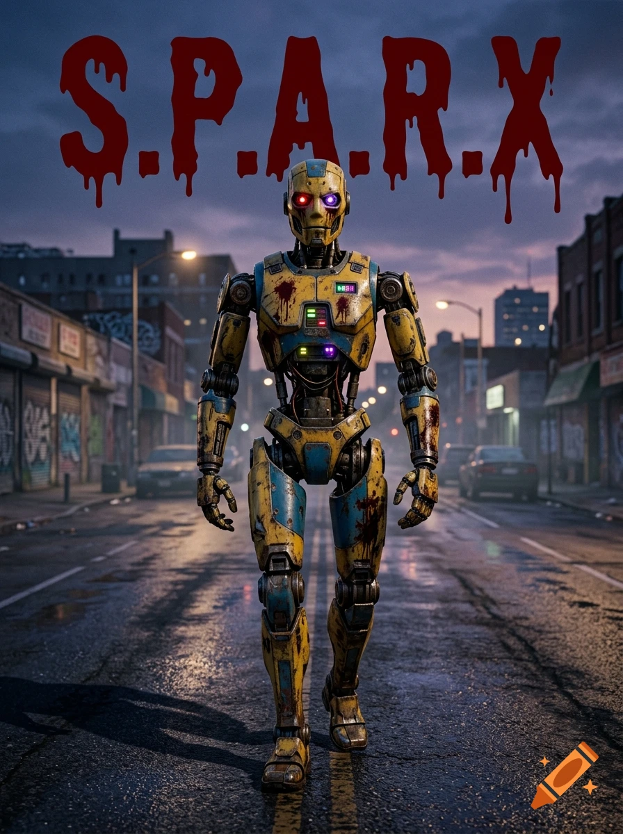 A yellow and blue humanoid robot with red eyes and blood stains walks down a wet city street at dusk, with the text 'S.P.A.R.X.' above it.