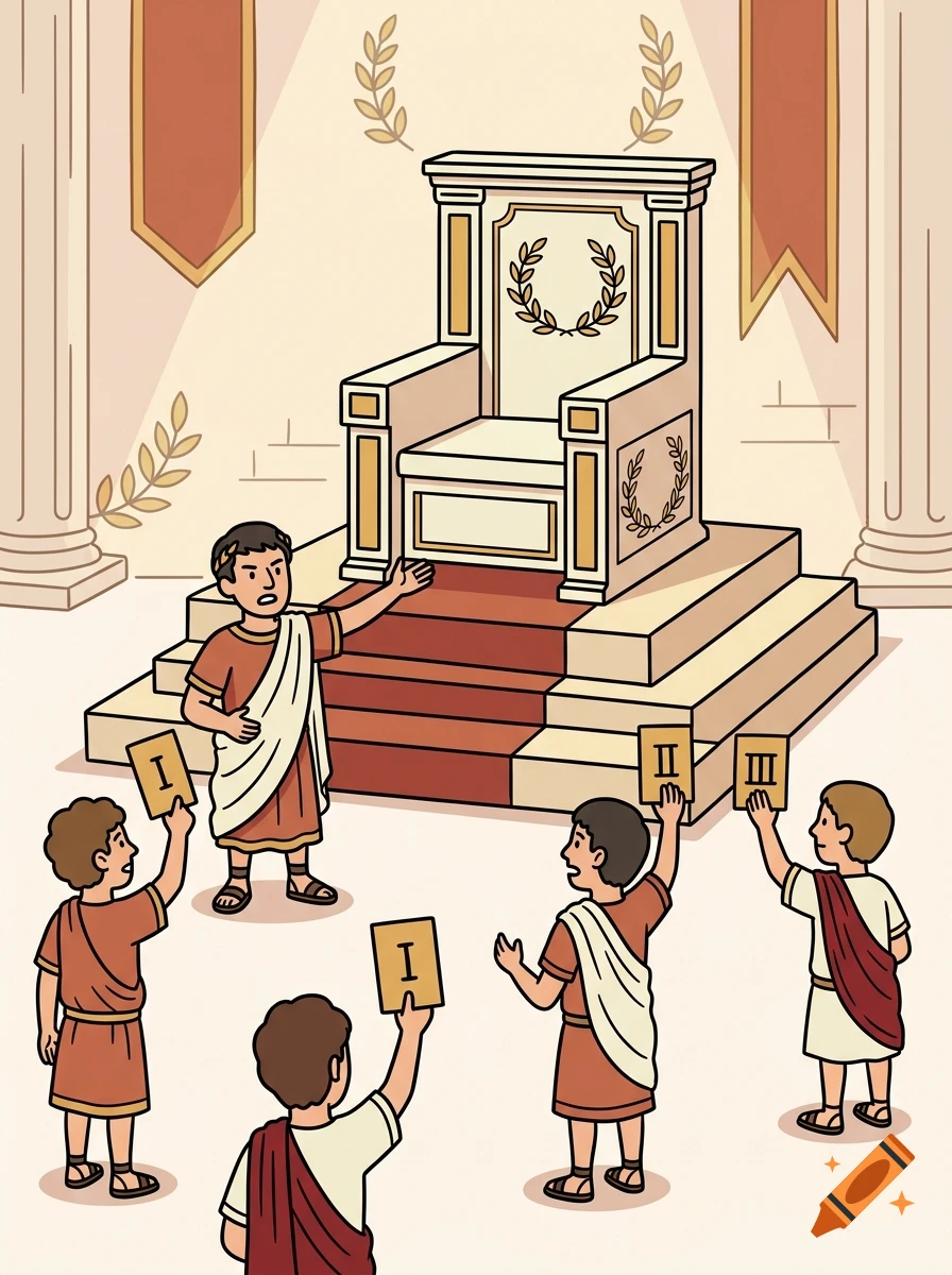 Simple cartoon illustration of people in Roman togas bidding on a throne using numbered cards.