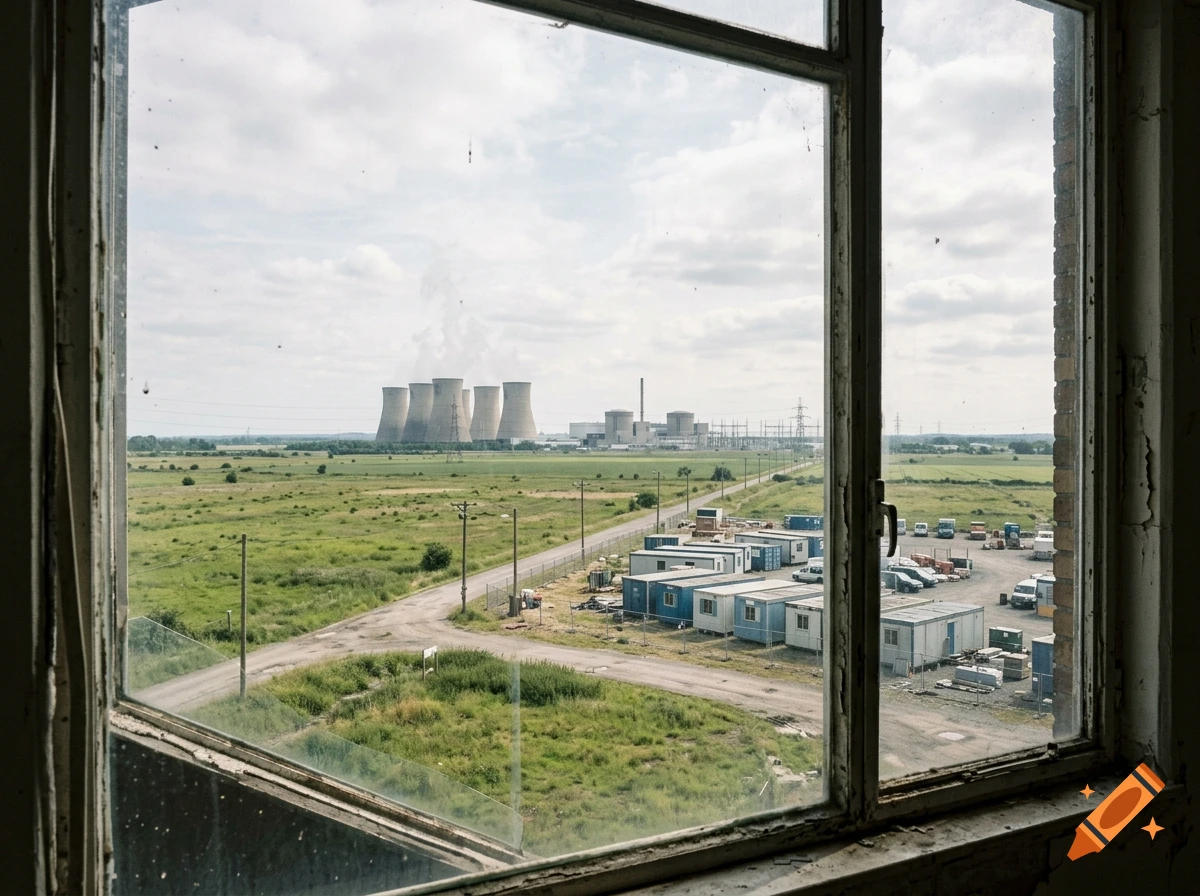 View through a window frame looking out at green fields, industrial portacabins, and a nuclear power plant in the distance.