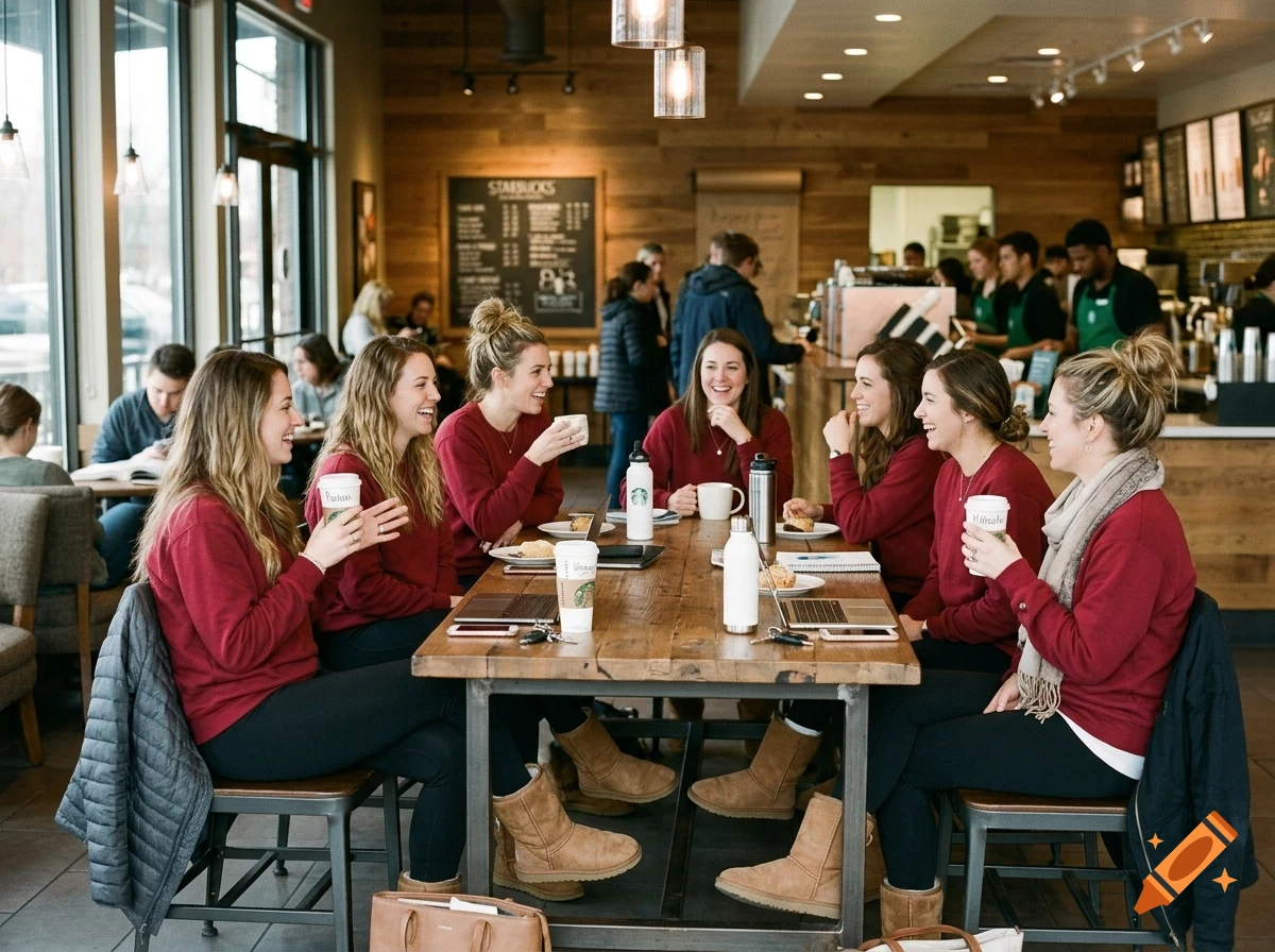 A group of young women wearing matching maroon sweaters sit together at a long wooden table in a busy cafe, laughing, talking, and holding coffee cups.