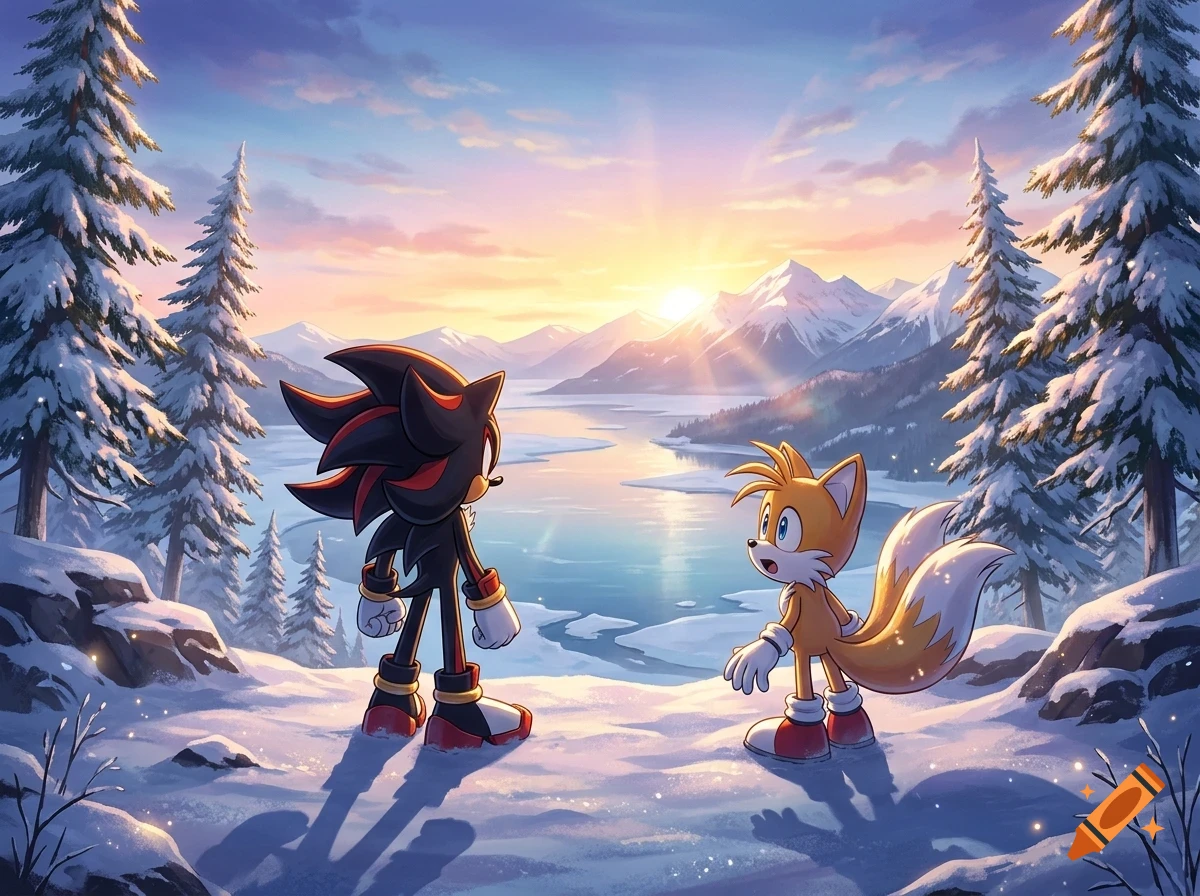 Shadow and Tails stand on a snowy cliff overlooking a frozen lake and snow-capped mountains at sunset.