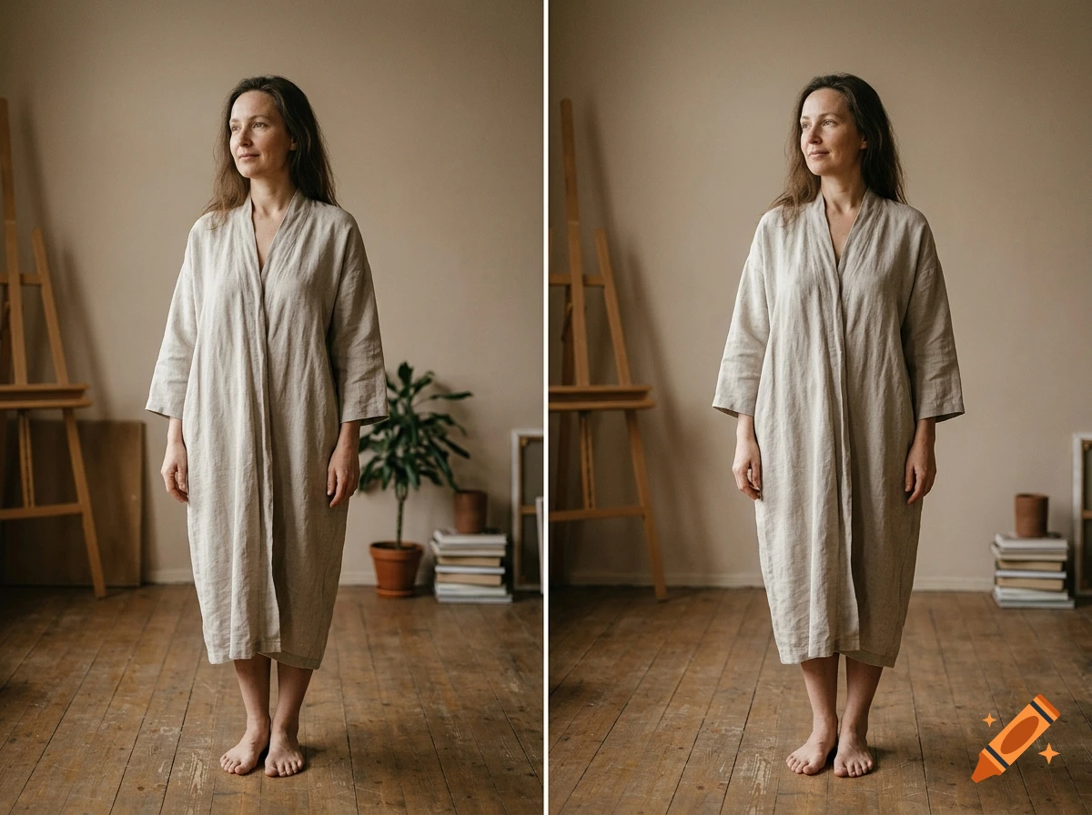 A side-by-side comparison of a woman wearing a beige linen robe standing in a room with a wooden floor and easel.