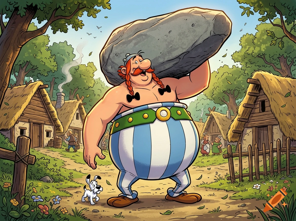 Comic book style illustration of Obelix carrying a large stone through a medieval village with his dog Dogmatix.