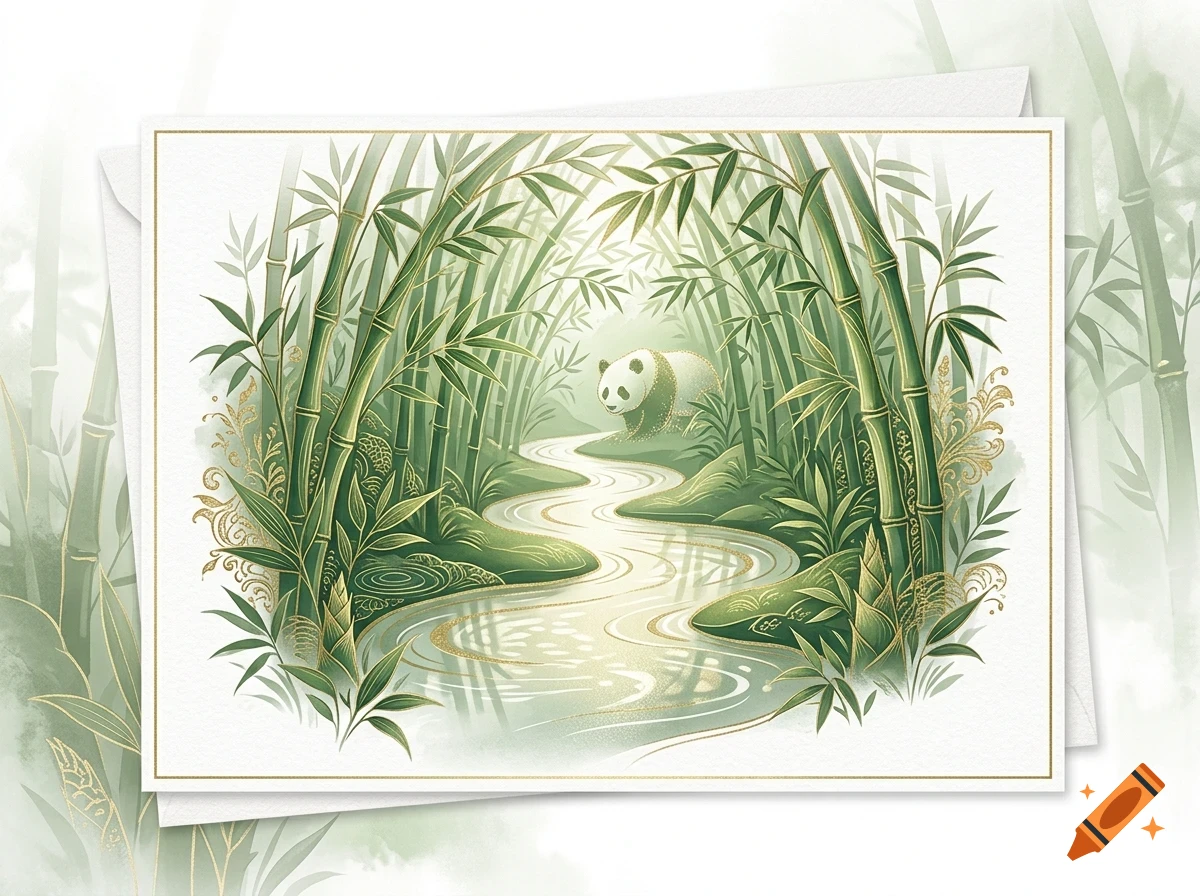 An illustrated green and white greeting card featuring a panda in a bamboo forest alongside a winding river.