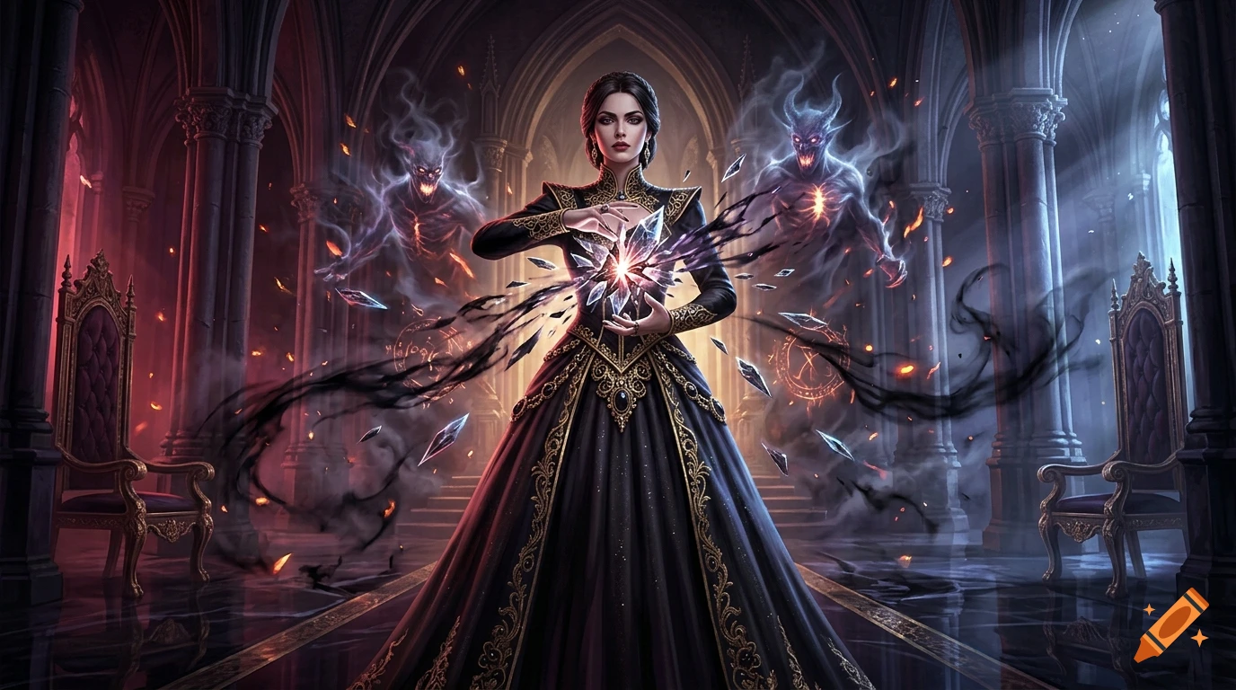 An elegant dark fantasy queen in a black gown shattering a glowing crystal inside a majestic hall with ethereal demons in the background.