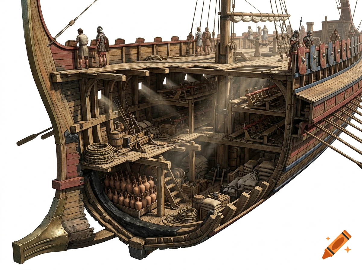 Detailed cross-section illustration of an ancient Roman warship interior with crew and supplies.