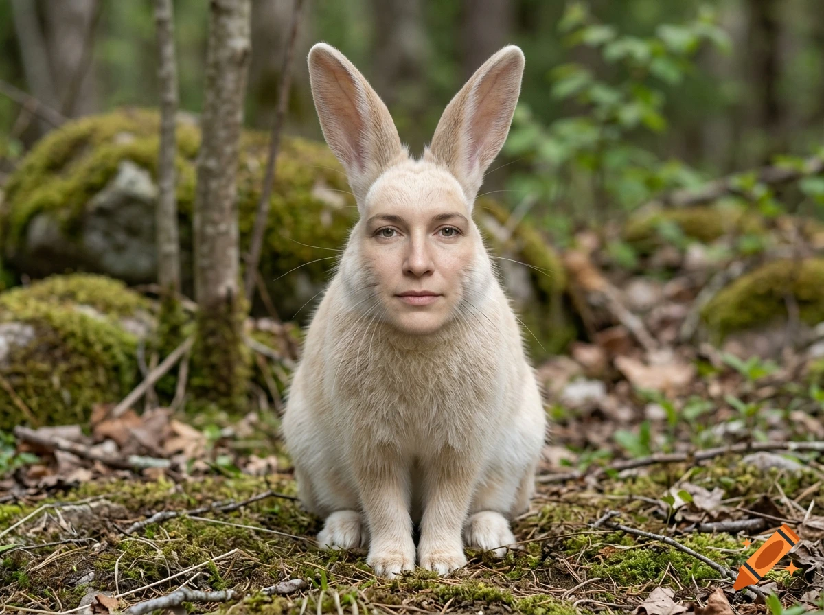 Photorealistic image of a rabbit with the face of a human, sitting on forest moss.