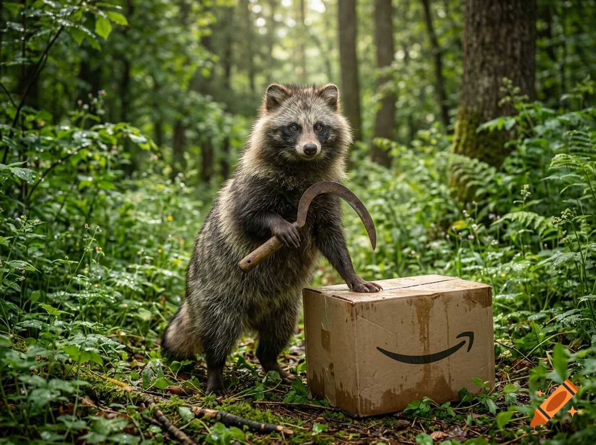 A raccoon-like animal holding a sickle and standing next to a cardboard box with a smile logo in a forest.