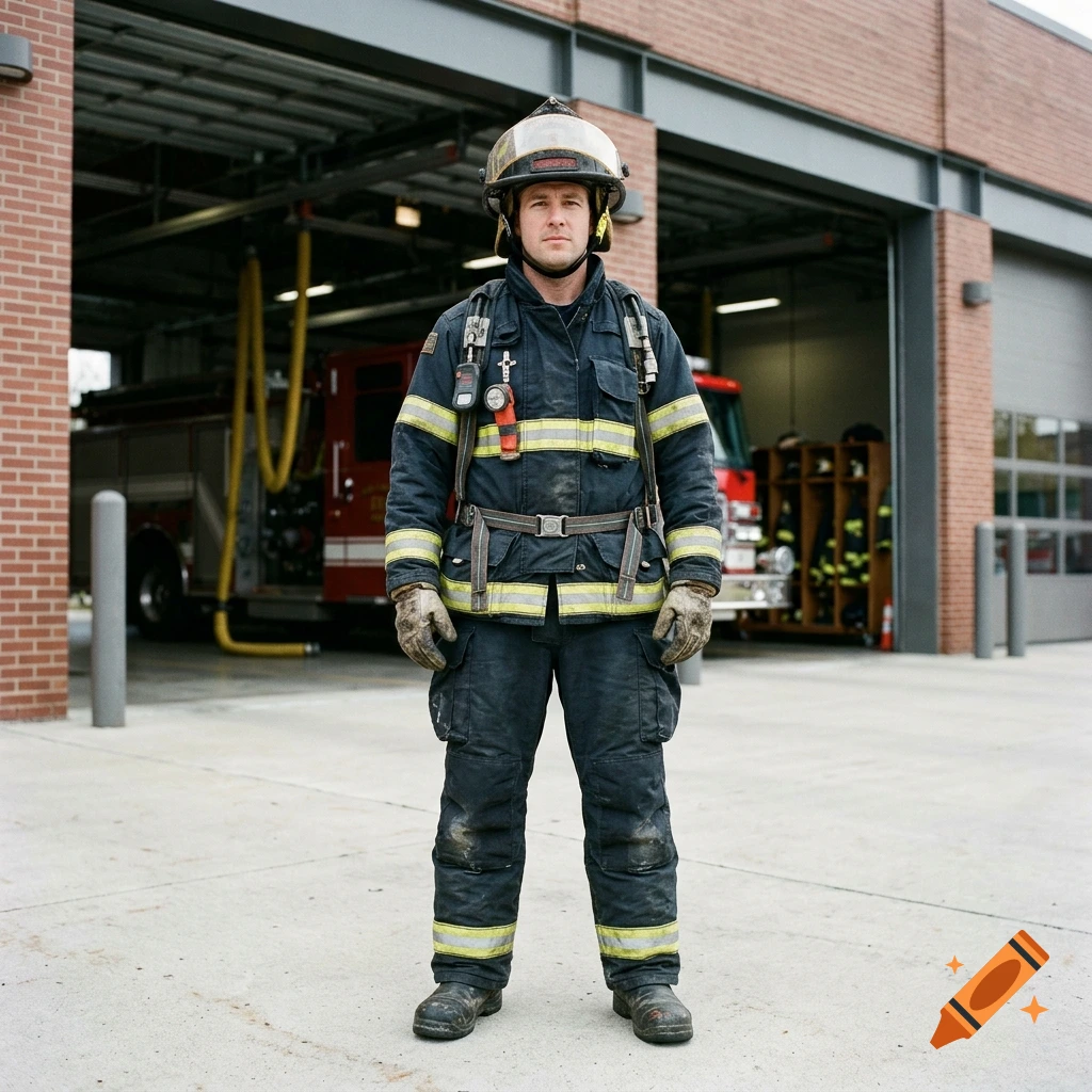 A full-length photorealistic shot of a male firefighter in uniform standing in front of a fire station with a fire engine.