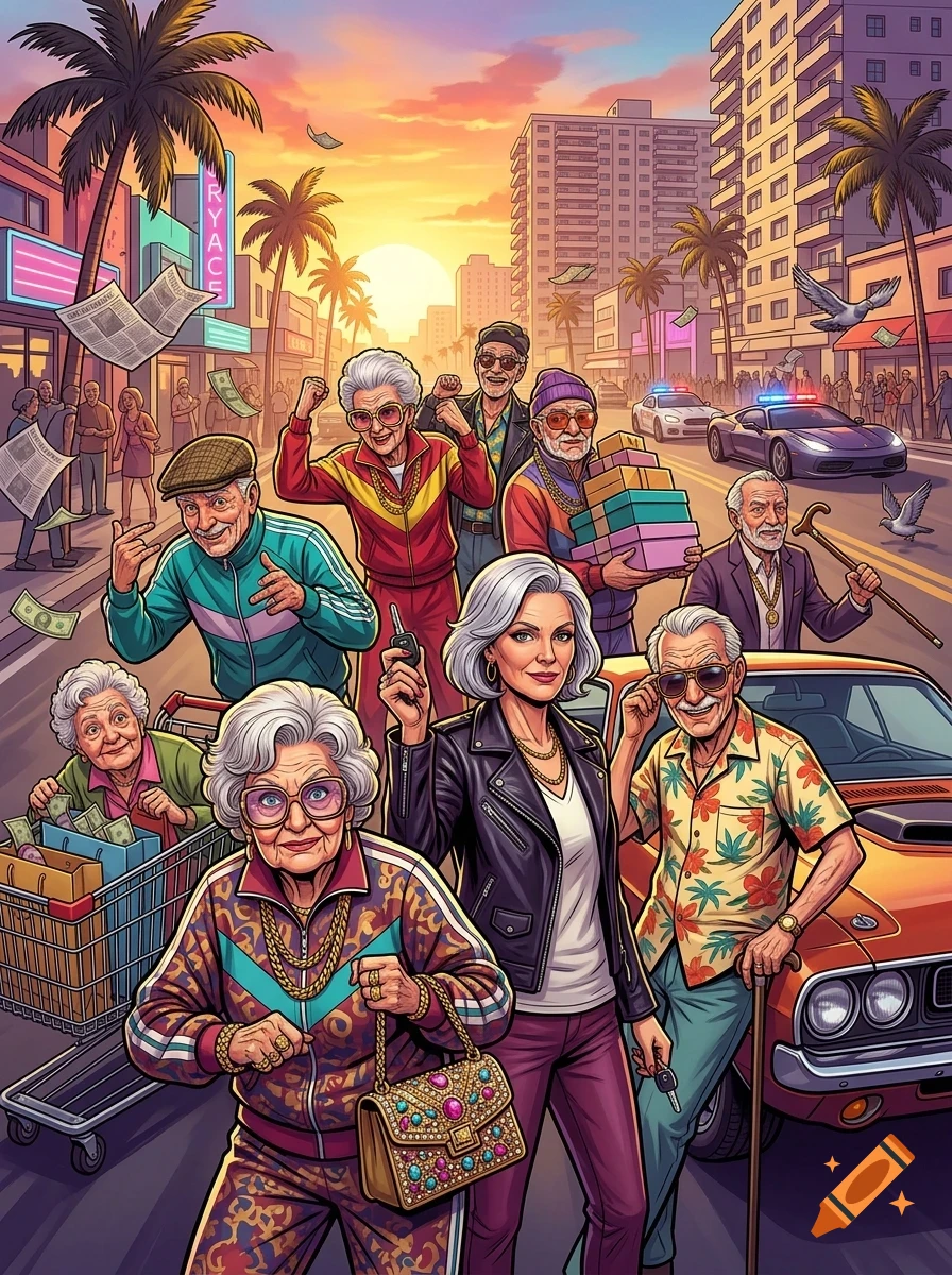 An illustration of a group of stylish older adults posing together on a sunny city street, with palm trees and classic cars in the background.
