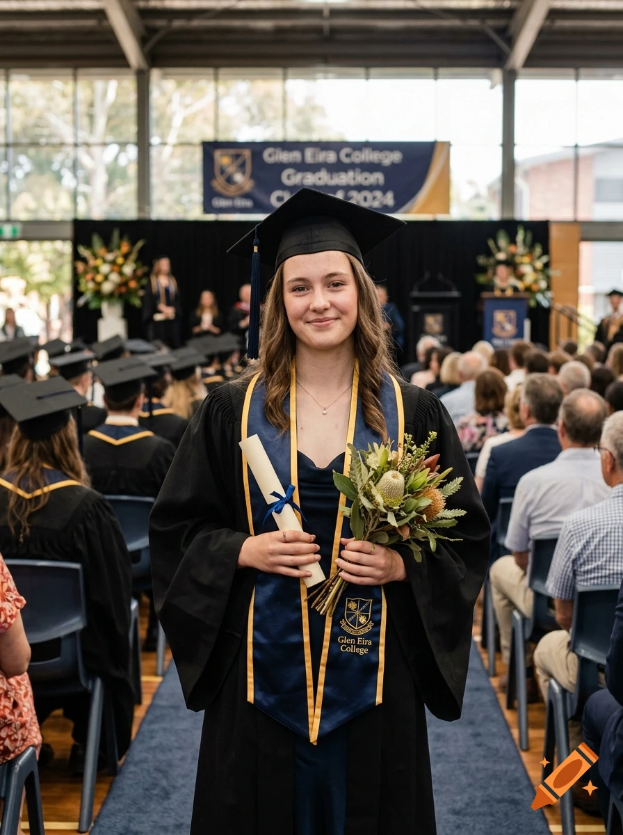 Photorealistic image of a female student holding her graduation certificate and flowers at a school graduation ceremony.
