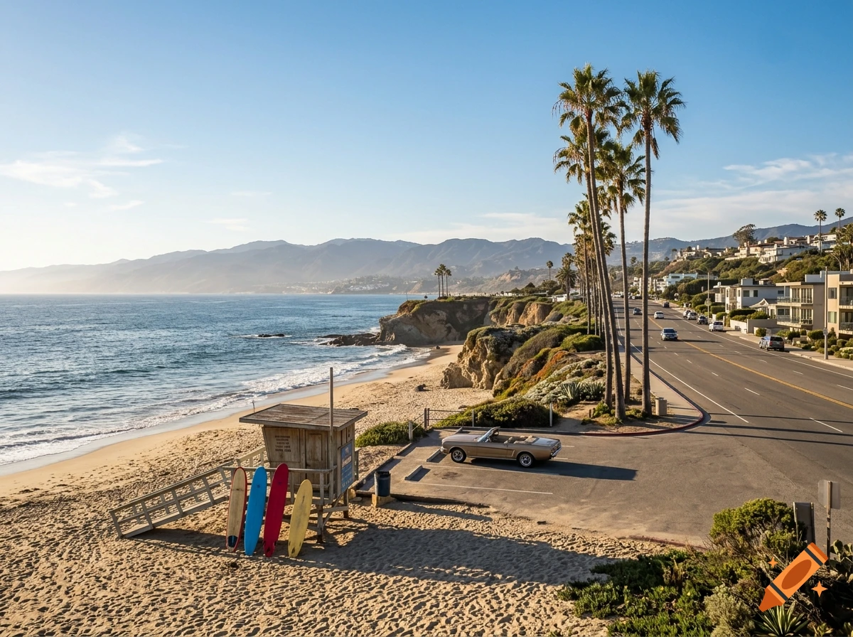 Photorealistic view of a California beach with a lifeguard tower, parked classic car, and coastal highway at sunset.