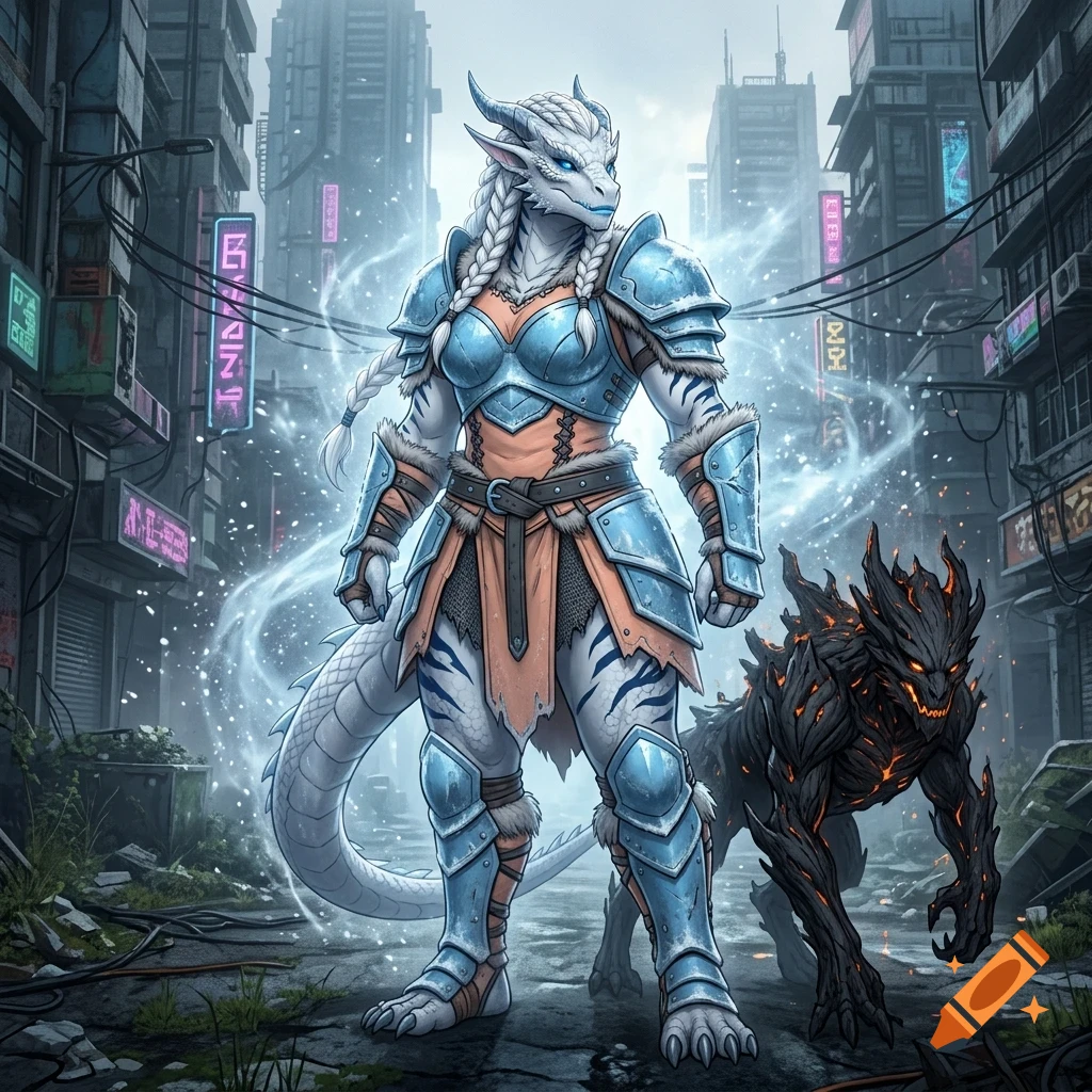 A white dragonborn warrior in blue armor stands with a dark creature in a ruined futuristic city.