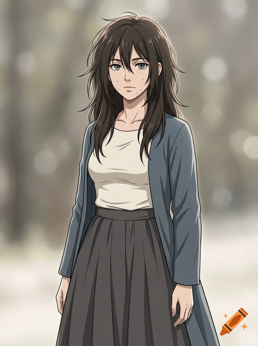 Anime style illustration of a young woman with long dark hair, wearing a white shirt, dark skirt, and a grey open cardigan against an out-of-focus background.