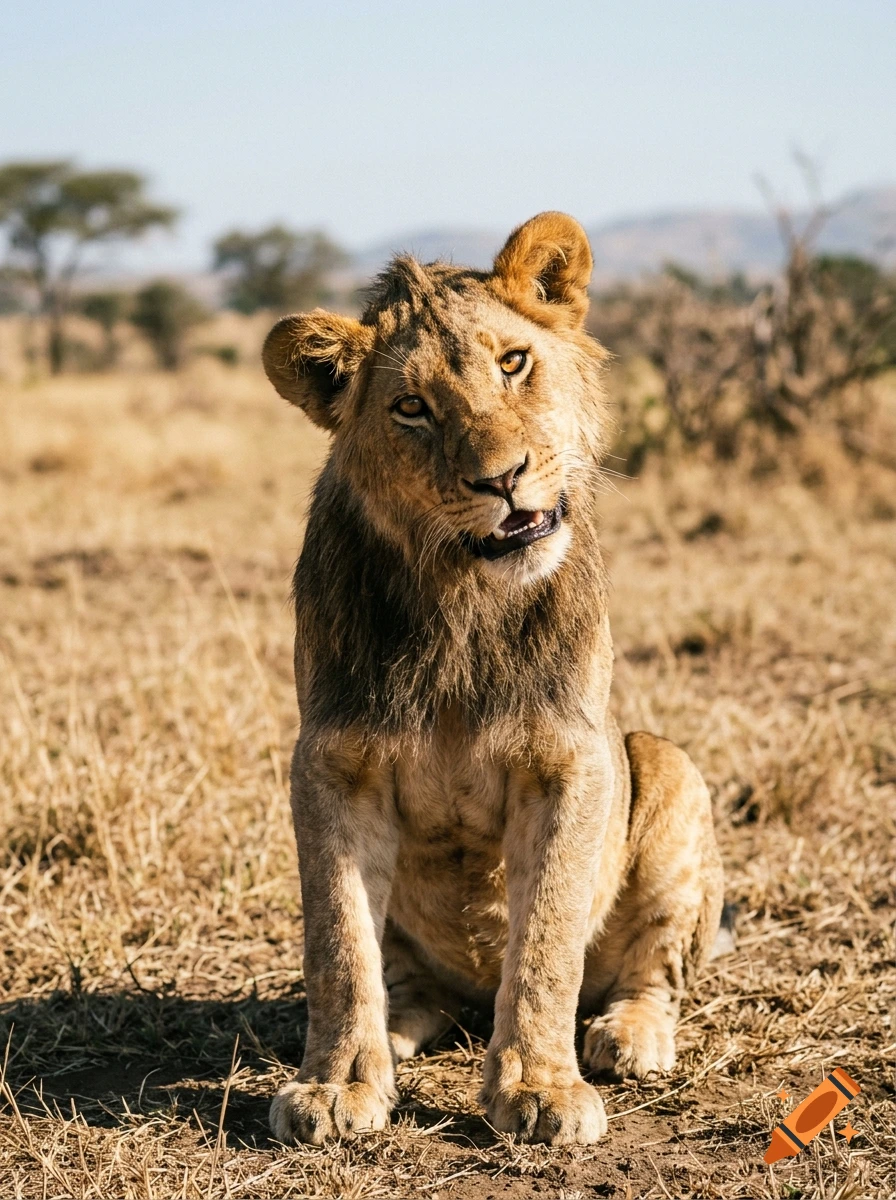 A young male lion sits in a dry grassy savanna, tilting its head toward the camera.