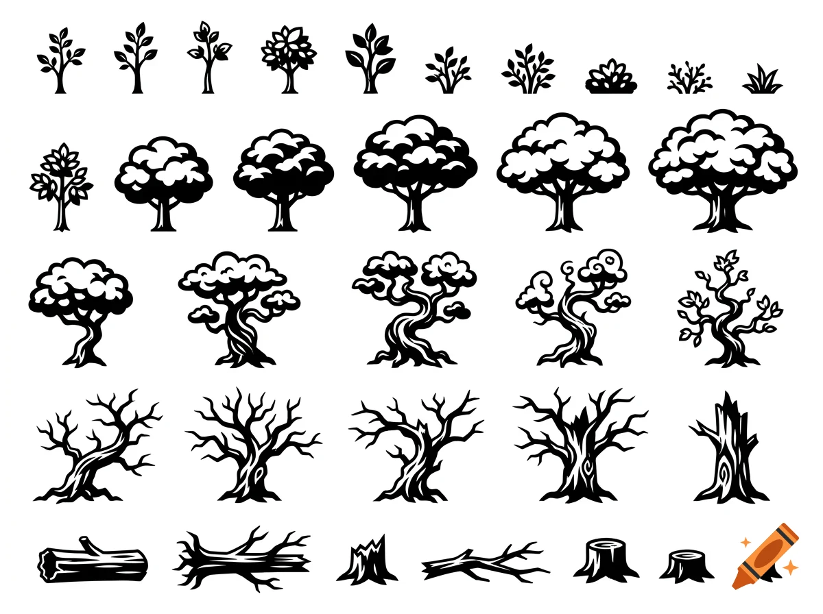 A collection of black and white vector icons depicting trees, shrubs, stumps, and fallen logs in various styles and growth stages.