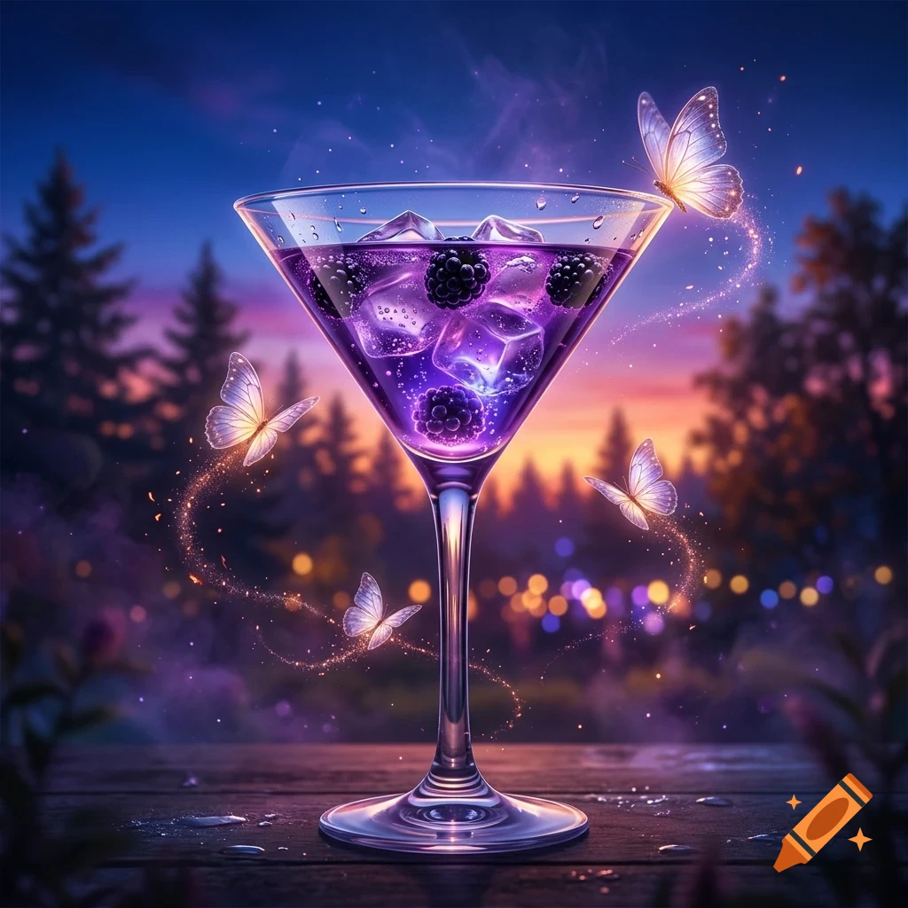 A glowing purple cocktail with ice cubes and blackberries in a martini glass, surrounded by glowing butterflies against a twilight forest background.