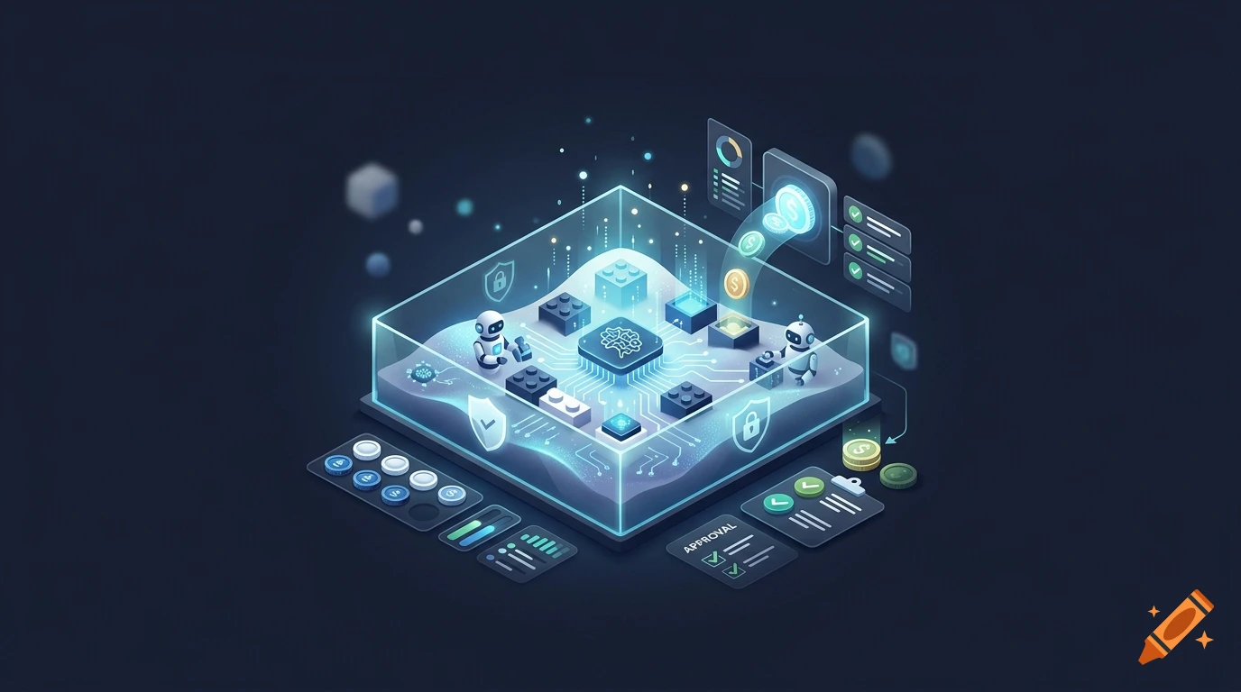 An isometric digital illustration showing a futuristic circuit board inside a glowing cube with small robot figures, charts, and financial symbols.