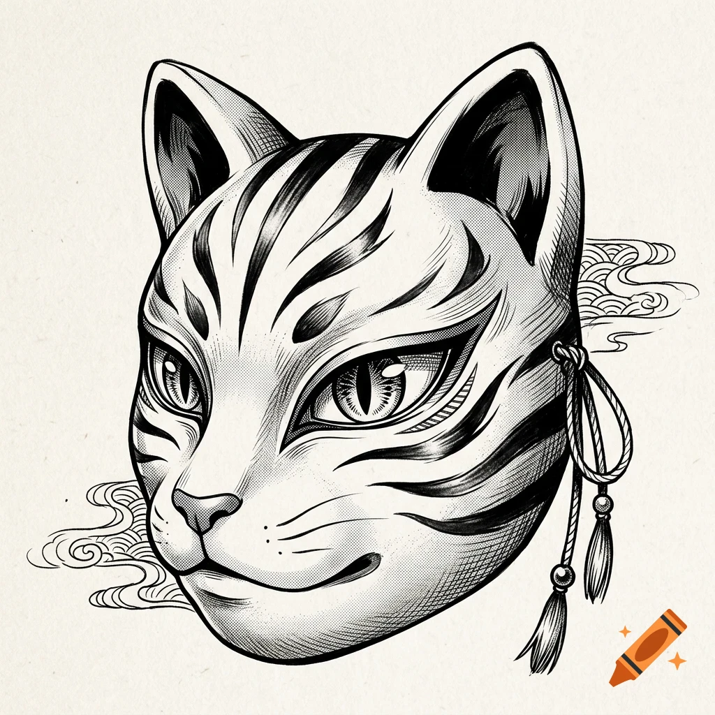 Detailed black and white ink drawing of a Japanese cat mask with decorative tassels and wave patterns in the background.