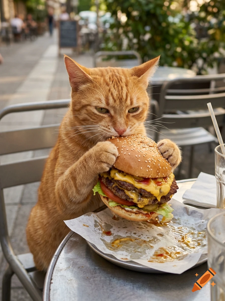 Photorealistic image of an orange cat sitting at an outdoor cafe table, holding and eating a large double cheeseburger.