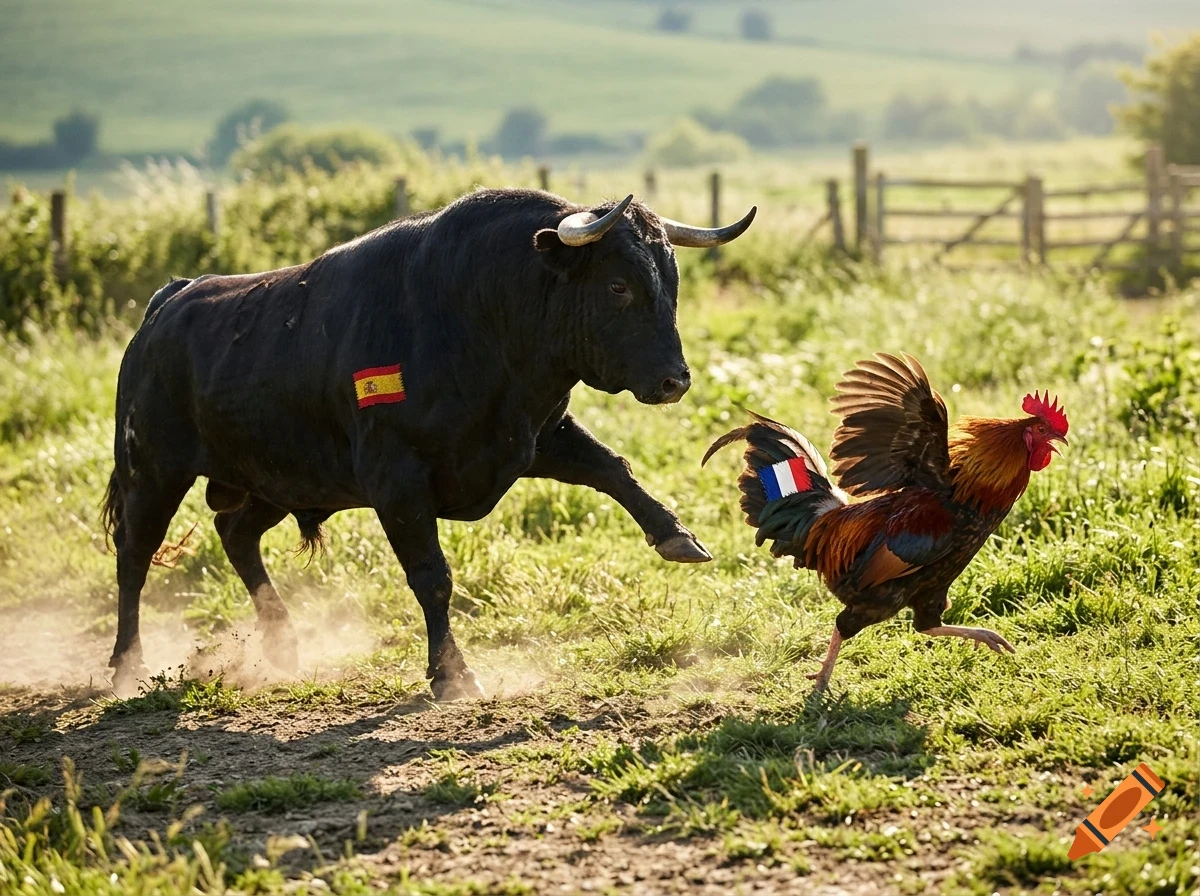 A black bull with a Spanish flag emblem runs across a grassy field chasing a rooster with a French flag on its tail.
