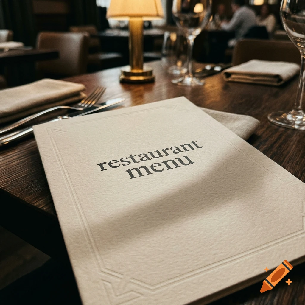 Photorealistic close-up of a restaurant menu on a dark wooden table in a dimly lit restaurant.