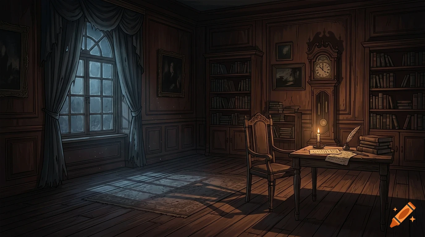 An illustration of a dimly lit, vintage study room at night, featuring dark wood paneling, bookshelves, a grandfather clock, and a desk with a lit candle.