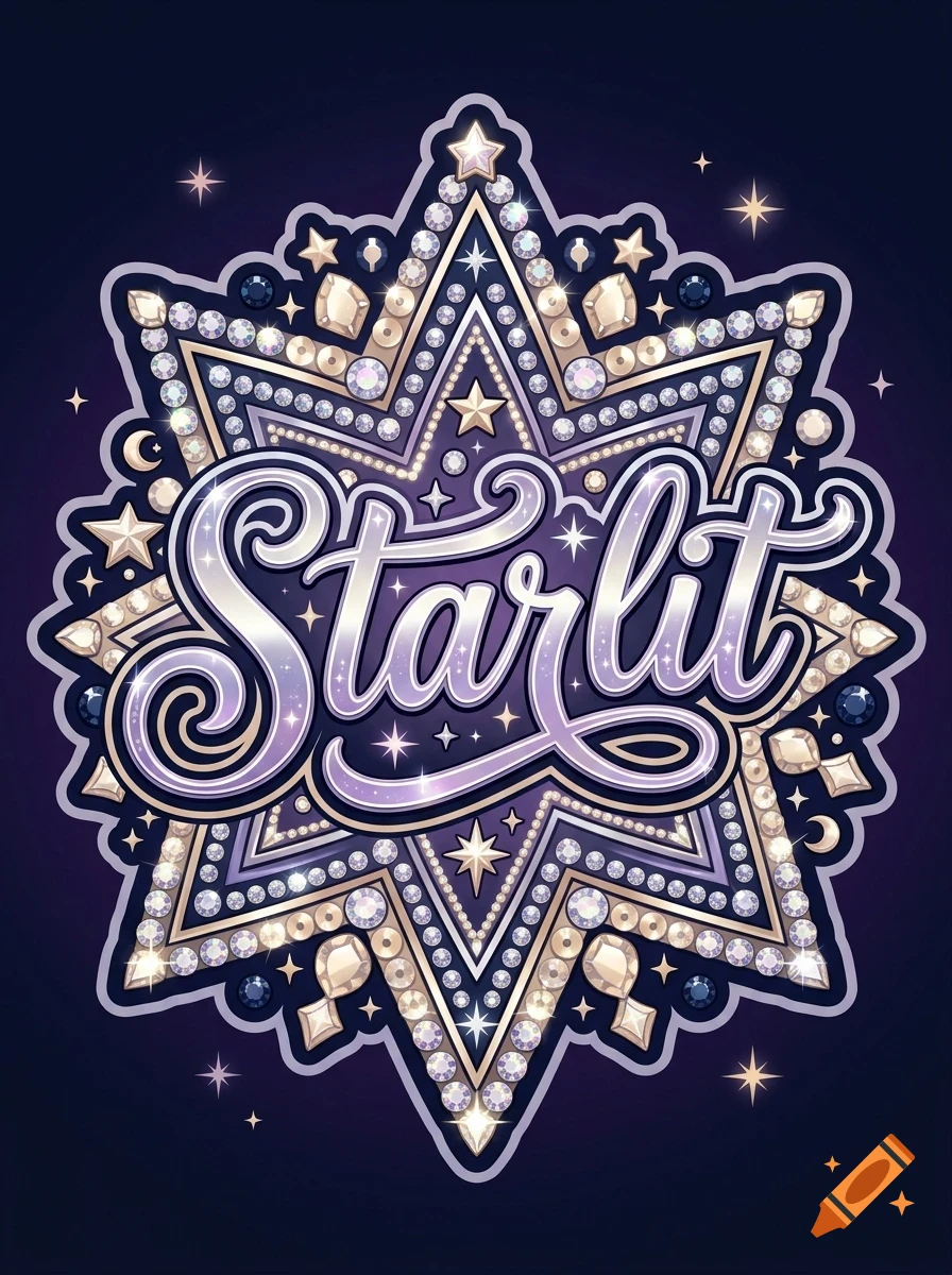 An ornate star-shaped design encrusted with diamonds and gems, featuring the word Starlit in stylized lettering across the center.