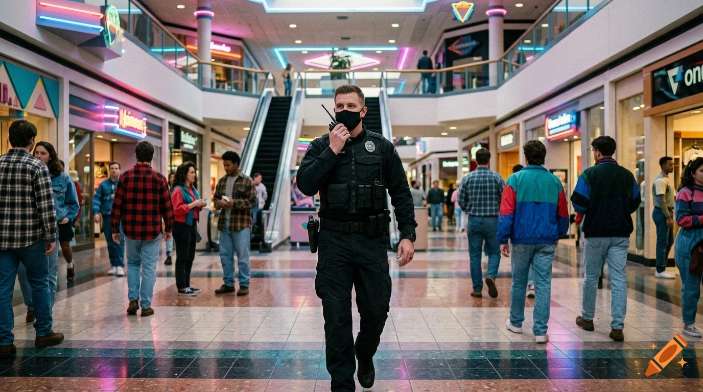 A security guard wearing a face mask and black uniform walks through a busy indoor shopping mall, talking on a walkie-talkie.