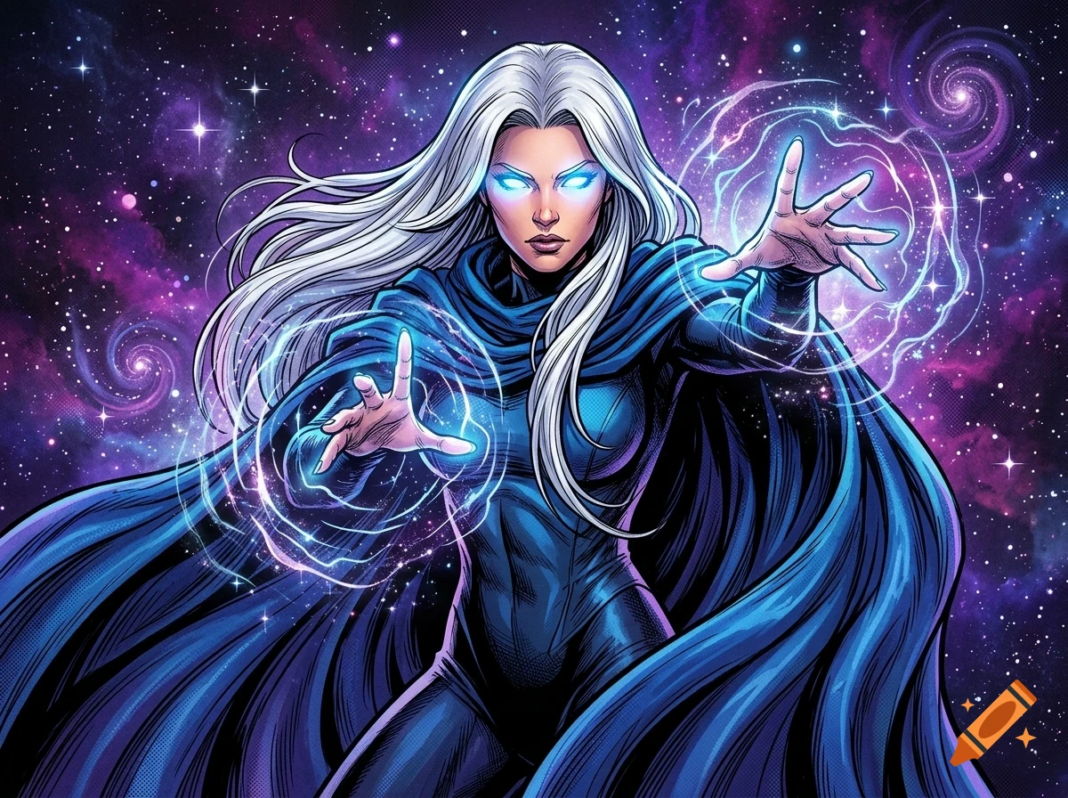 An illustration of a woman with white hair and glowing blue eyes, wearing a dark blue cloak, conjuring glowing magic in space with galaxies in the background.