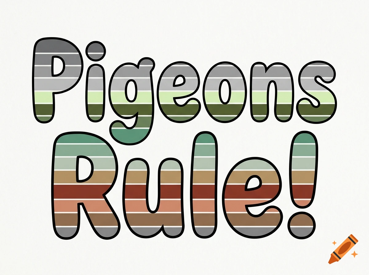 Bubble font text reading 'Pigeons Rule!' with striped patterns inside the letters.