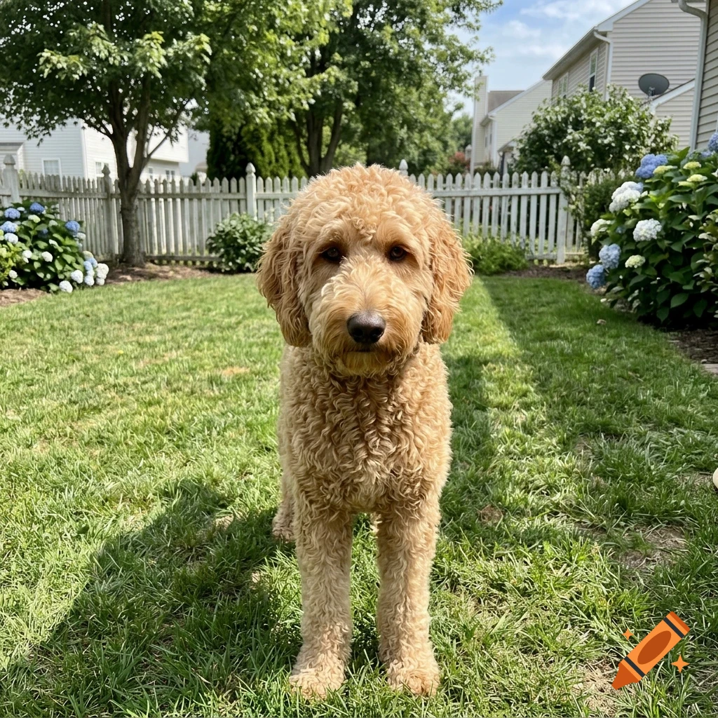 A fluffy apricot-colored doodle dog stands on a green lawn in a backyard with a white fence, trees, and blue hydrangeas.
