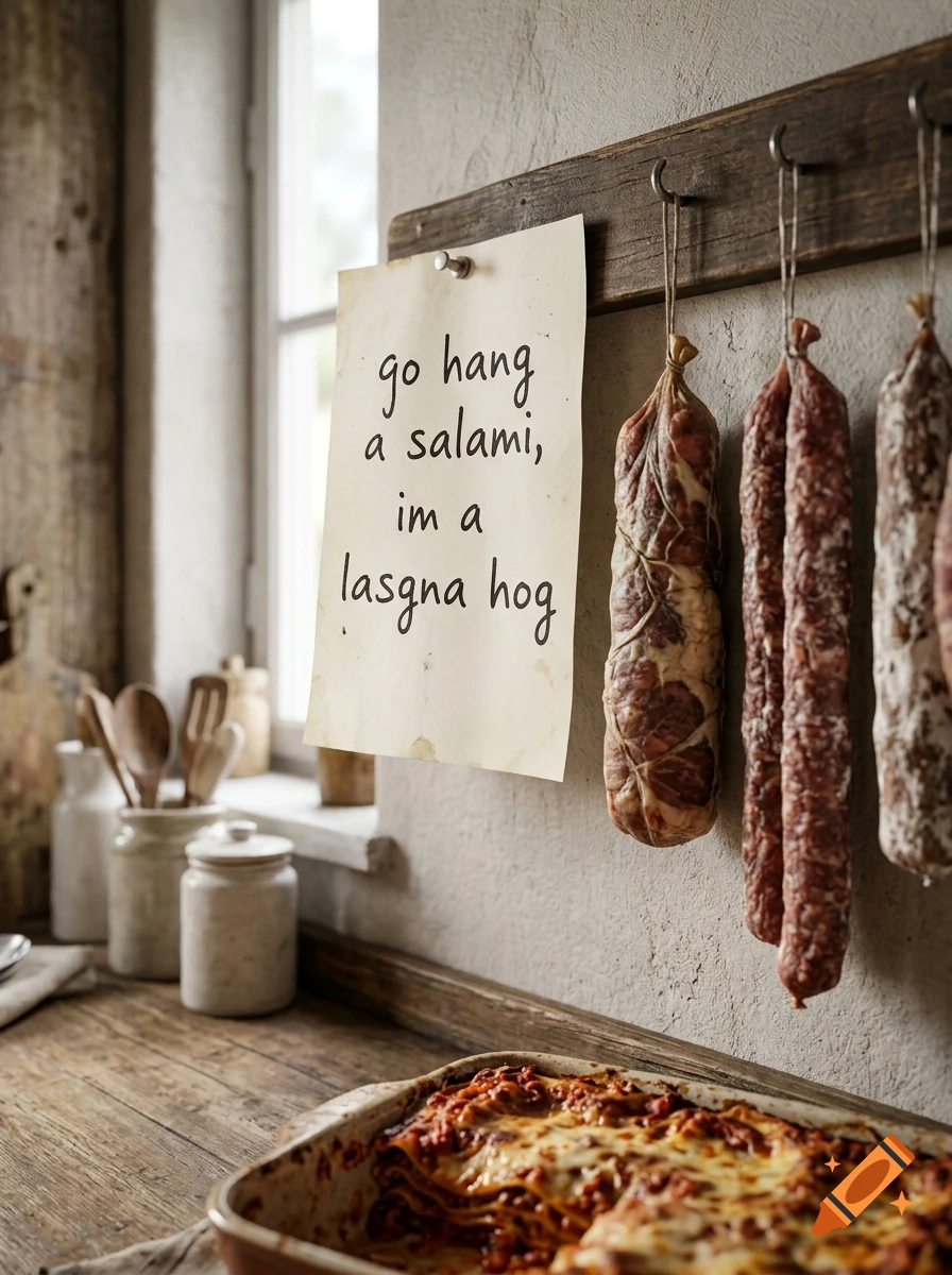 Photorealistic kitchen scene with a paper note reading 'go hang a salami, im a lasgna hog' hanging next to hanging sausages and a baked lasagna.