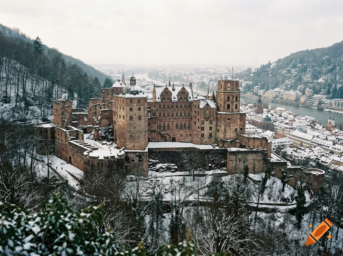 Photorealistic view of Heidelberg Castle in winter covered in snow, overlooking a town and river.