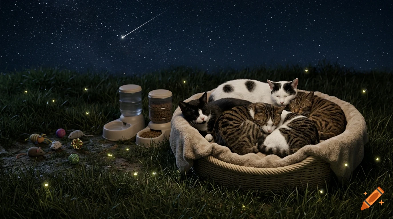 Several cats curled up sleeping together in a basket outdoors on the grass at night under a starry sky with a shooting star, near pet feeders and scattered cat toys.