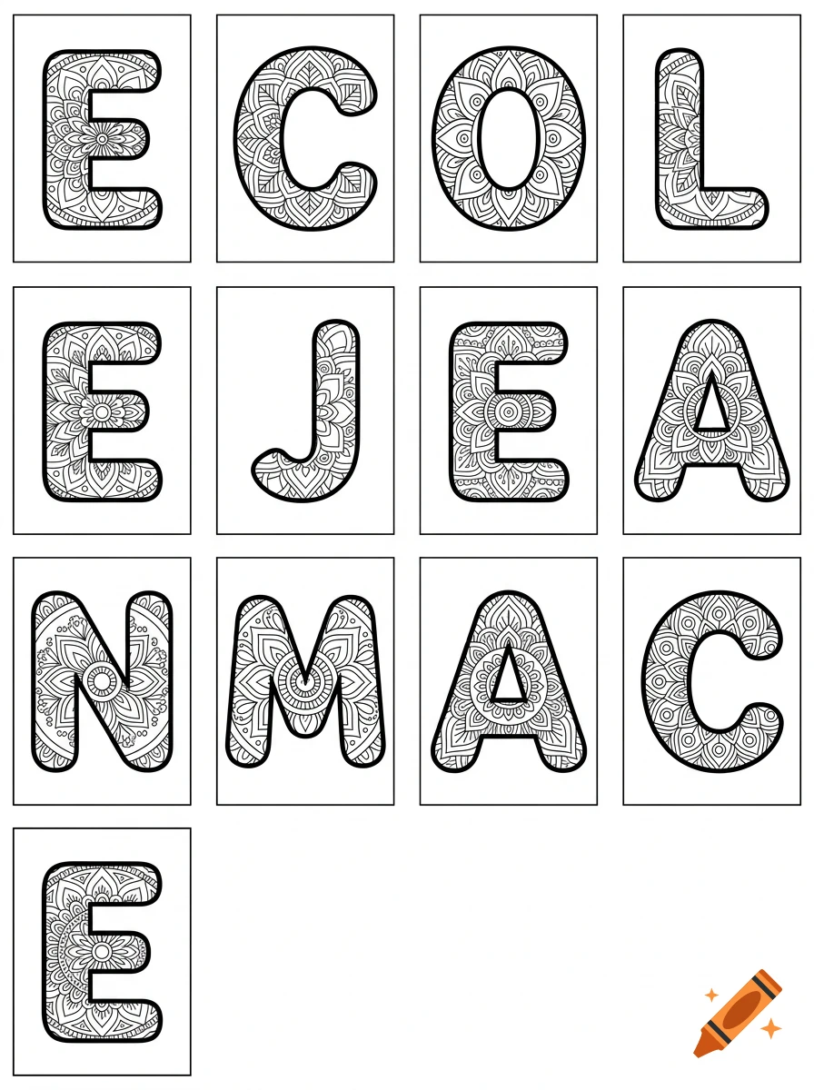 Black and white coloring pages showing alphabet letters filled with mandala patterns.
