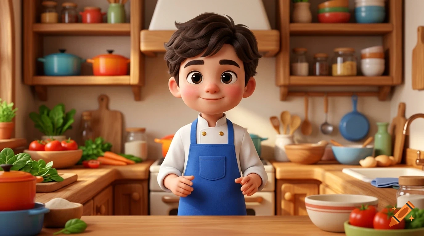 A cartoon chef boy standing in a kitchen with shelves and ingredients.