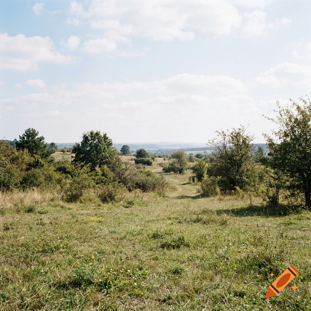 A photograph of a grassy field with scattered trees and shrubs under a cloudy blue sky.
